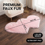 Premium faux fur heart shaped rug graphic noting ultra soft pile and 1.35 lb weight