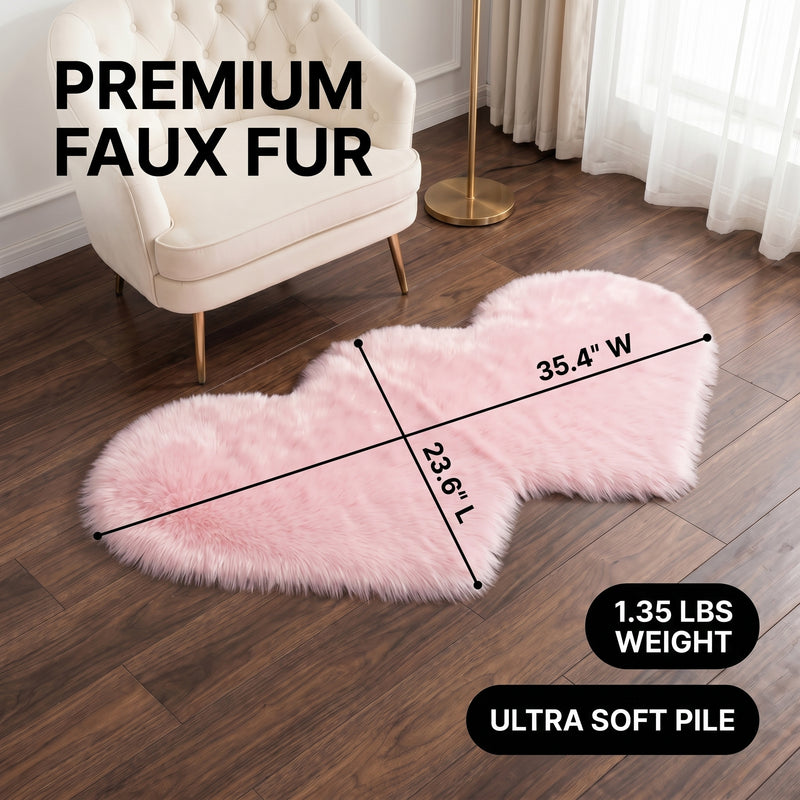 Premium faux fur heart shaped rug graphic noting ultra soft pile and 1.35 lb weight