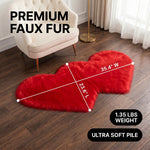Premium faux fur heart shaped rug graphic noting ultra soft pile and 1.35 lb weight