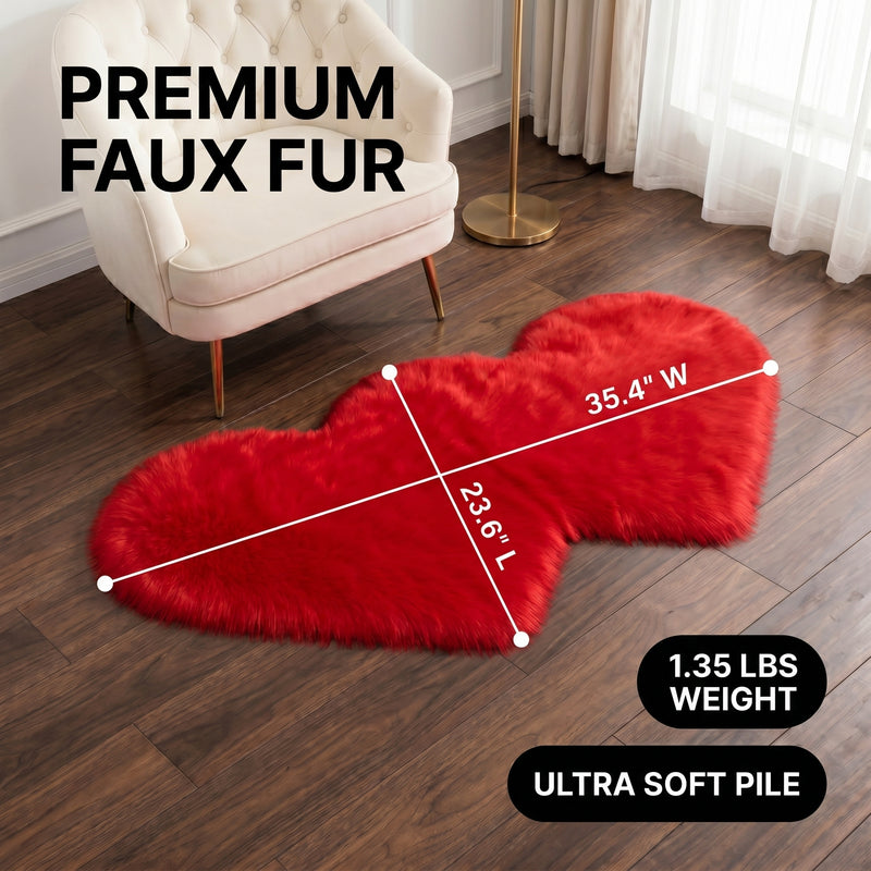 Premium faux fur heart shaped rug graphic noting ultra soft pile and 1.35 lb weight