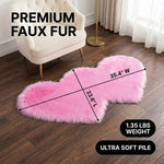 Premium faux fur heart shaped rug graphic noting ultra soft pile and 1.35 lb weight