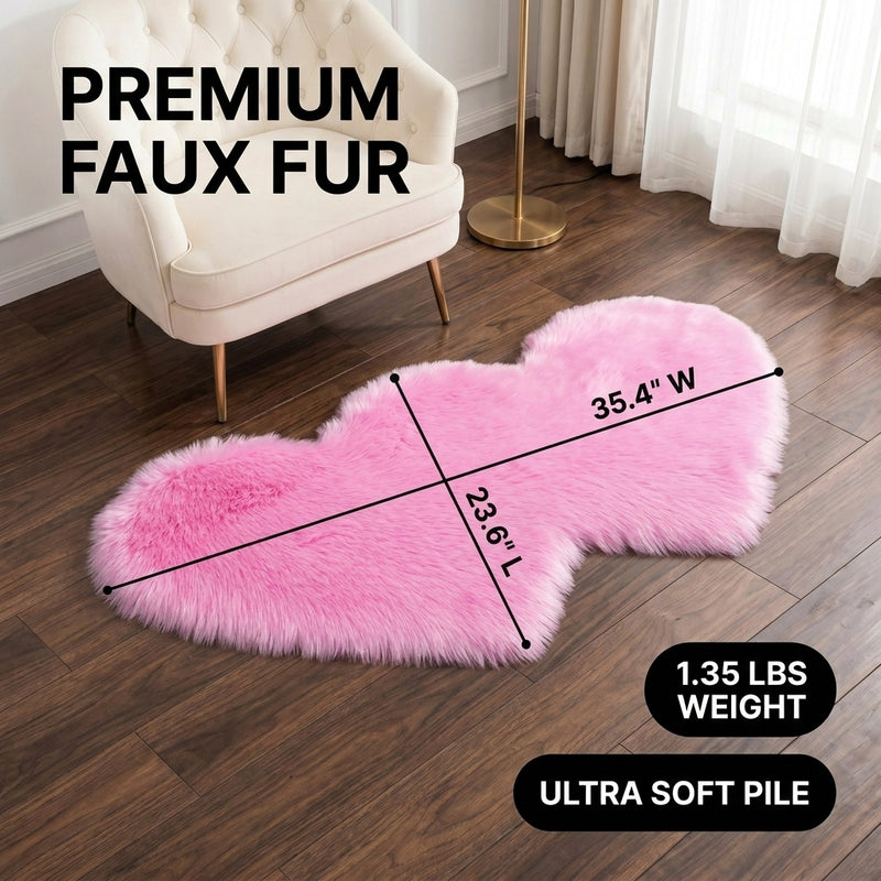 Premium faux fur heart shaped rug graphic noting ultra soft pile and 1.35 lb weight