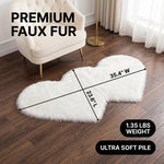 Premium faux fur heart shaped rug graphic noting ultra soft pile and 1.35 lb weight