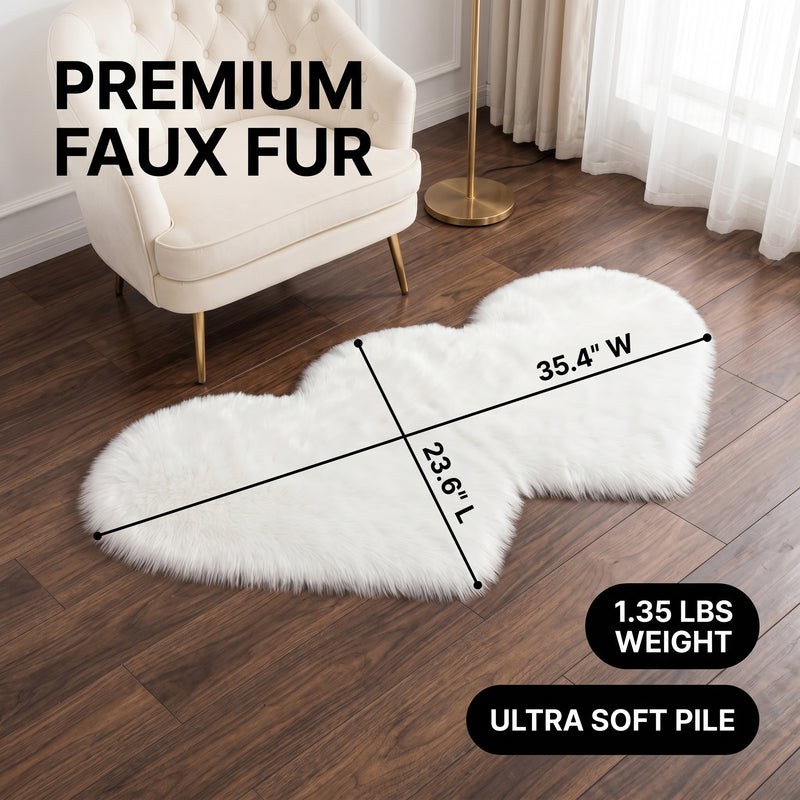 Premium faux fur heart shaped rug graphic noting ultra soft pile and 1.35 lb weight