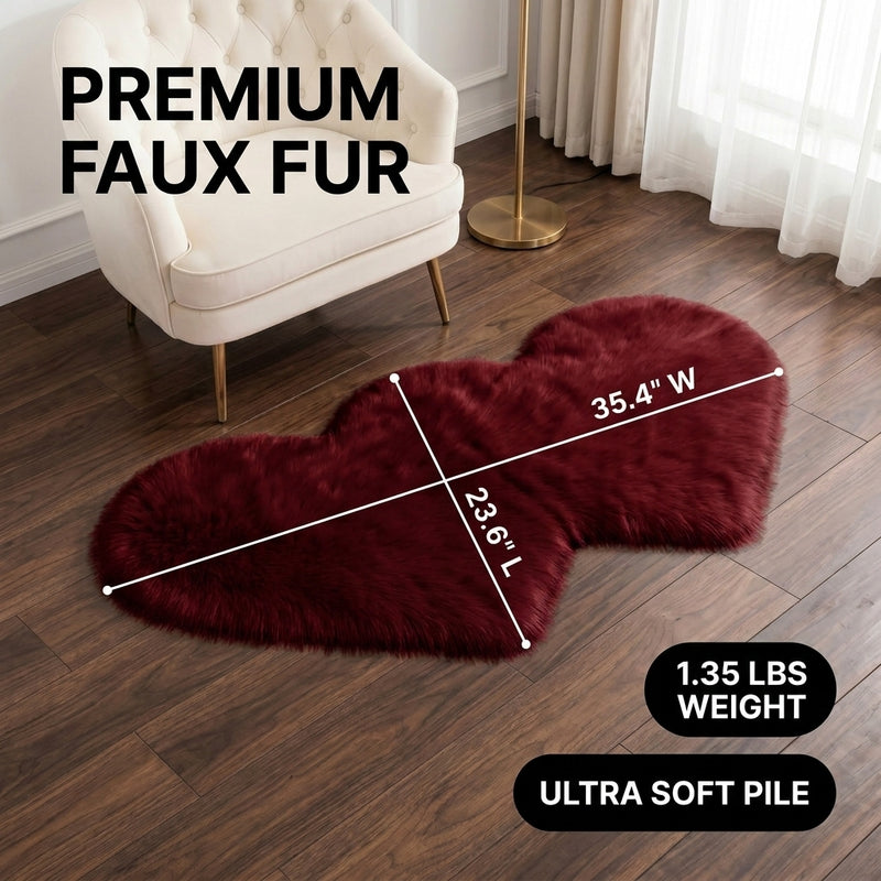 Premium faux fur heart shaped rug graphic noting ultra soft pile and 1.35 lb weight