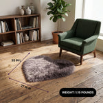 Premium faux fur heart shaped rug graphic noting ultra soft pile and 1.35 lb weight