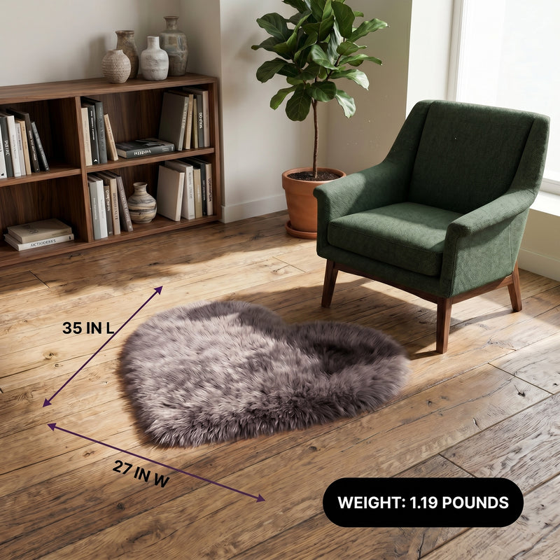Premium faux fur heart shaped rug graphic noting ultra soft pile and 1.35 lb weight