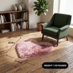 Premium faux fur heart shaped rug graphic noting ultra soft pile and 1.35 lb weight