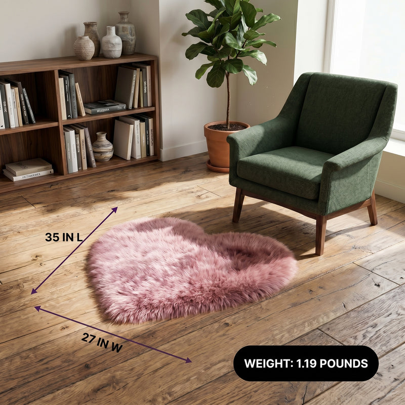 Premium faux fur heart shaped rug graphic noting ultra soft pile and 1.35 lb weight