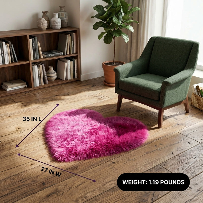 Premium faux fur heart shaped rug graphic noting ultra soft pile and 1.35 lb weight