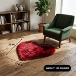Premium faux fur heart shaped rug graphic noting ultra soft pile and 1.35 lb weight