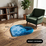 Premium faux fur heart shaped rug graphic noting ultra soft pile and 1.35 lb weight