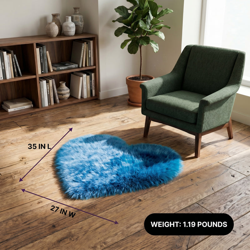 Premium faux fur heart shaped rug graphic noting ultra soft pile and 1.35 lb weight