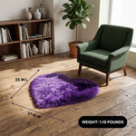 Premium faux fur heart shaped rug graphic noting ultra soft pile and 1.35 lb weight