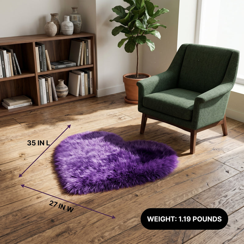 Premium faux fur heart shaped rug graphic noting ultra soft pile and 1.35 lb weight