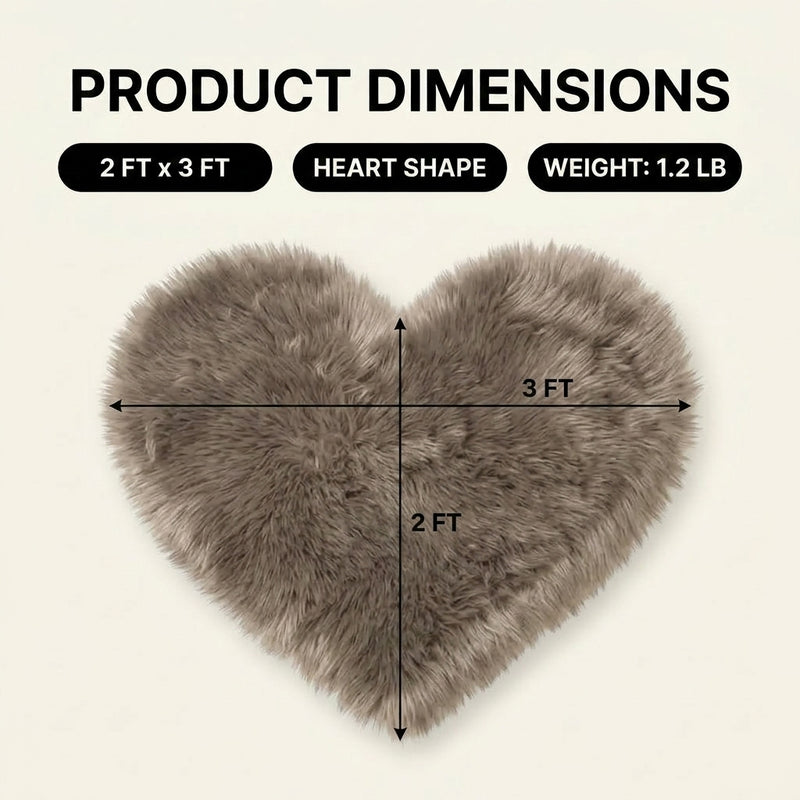 Premium faux fur heart shaped rug graphic noting ultra soft pile and 1.35 lb weight