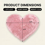 Premium faux fur heart shaped rug graphic noting ultra soft pile and 1.35 lb weight