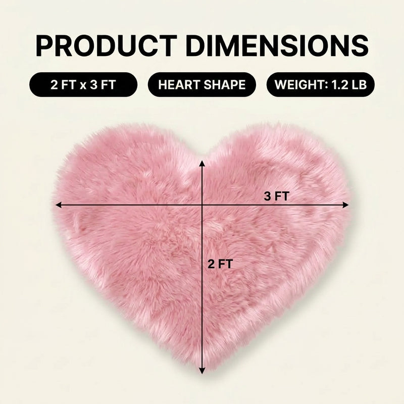 Premium faux fur heart shaped rug graphic noting ultra soft pile and 1.35 lb weight