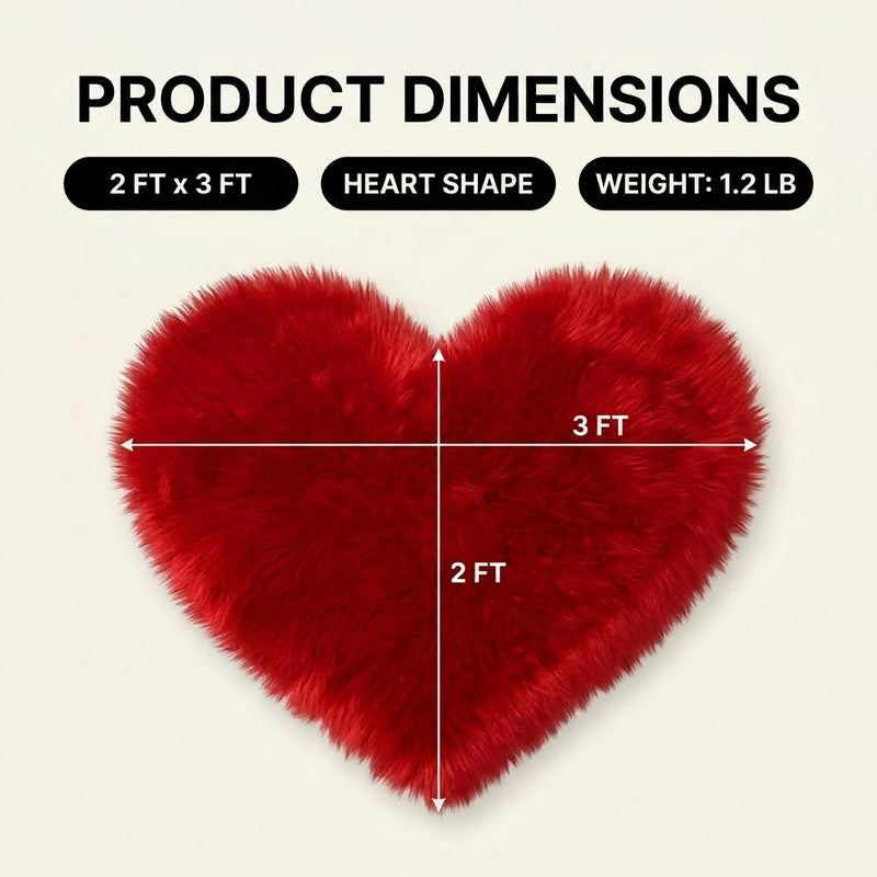 Premium faux fur heart shaped rug graphic noting ultra soft pile and 1.35 lb weight
