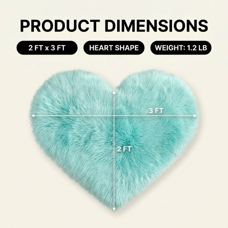 Premium faux fur heart shaped rug graphic noting ultra soft pile and 1.35 lb weight