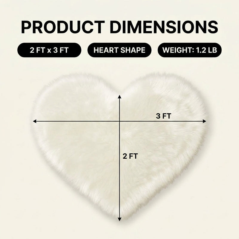 Premium faux fur heart shaped rug graphic noting ultra soft pile and 1.35 lb weight