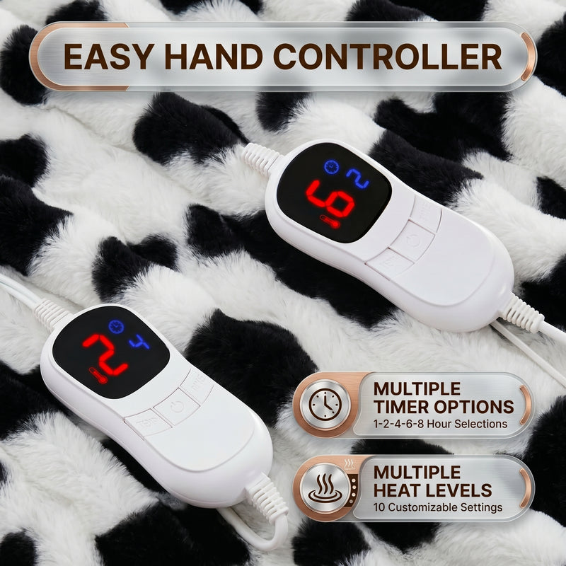 LED hand controller on the faux fur throw showing adjustable heat levels and 1-8 hour auto-off timer settings