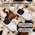 LED hand controller on the faux fur throw showing adjustable heat levels and 1-8 hour auto-off timer settings