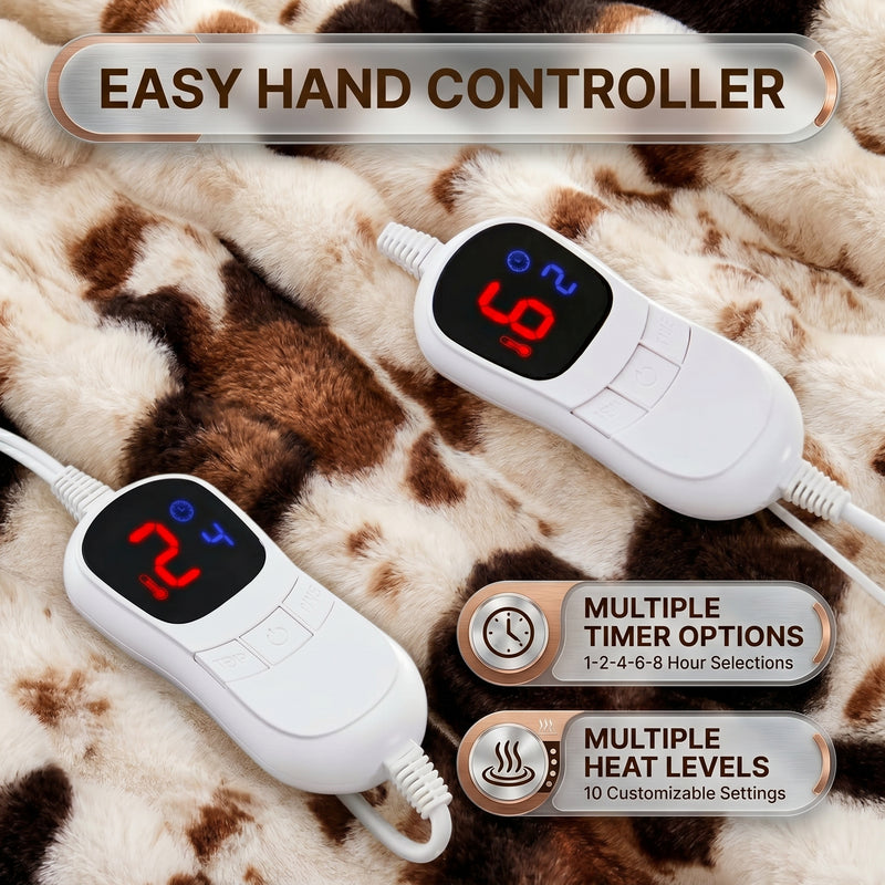 LED hand controller on the faux fur throw showing adjustable heat levels and 1-8 hour auto-off timer settings