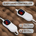LED hand controller on the faux fur throw showing adjustable heat levels and 1-8 hour auto-off timer settings
