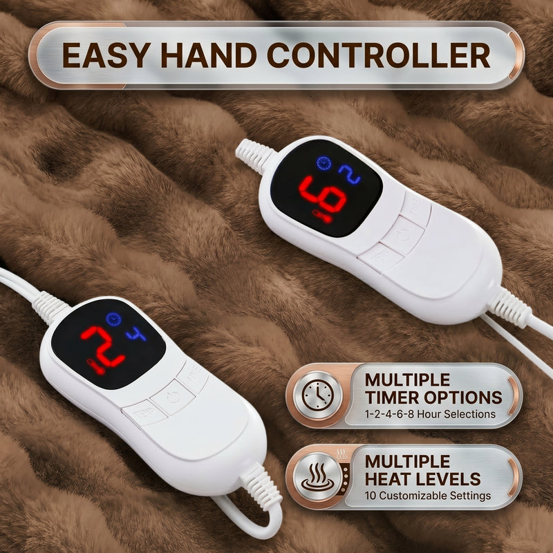 LED hand controller on the faux fur throw showing adjustable heat levels and 1-8 hour auto-off timer settings