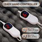 LED hand controller on the faux fur throw showing adjustable heat levels and 1-8 hour auto-off timer settings