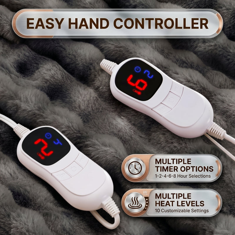 LED hand controller on the faux fur throw showing adjustable heat levels and 1-8 hour auto-off timer settings