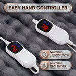 LED hand controller on the faux fur throw showing adjustable heat levels and 1-8 hour auto-off timer settings