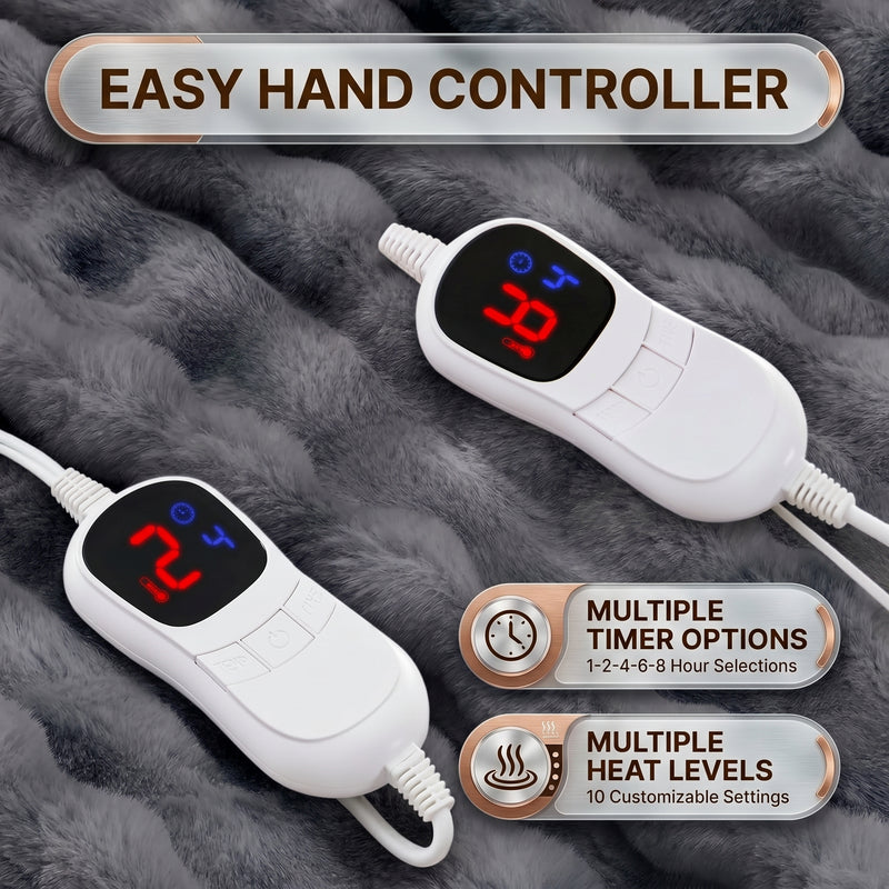 LED hand controller on the faux fur throw showing adjustable heat levels and 1-8 hour auto-off timer settings