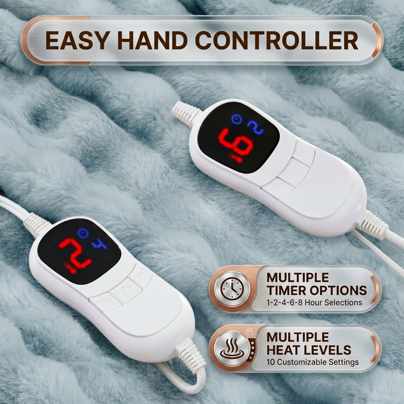 LED hand controller on the faux fur throw showing adjustable heat levels and 1-8 hour auto-off timer settings