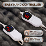 LED hand controller on the faux fur throw showing adjustable heat levels and 1-8 hour auto-off timer settings