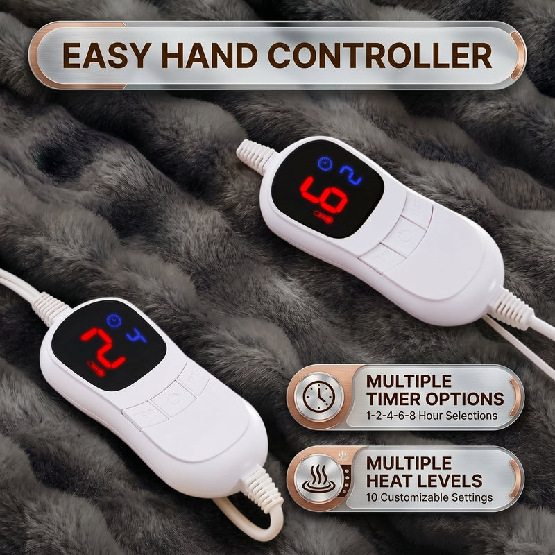 LED hand controller on the faux fur throw showing adjustable heat levels and 1-8 hour auto-off timer settings