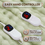 LED hand controller on the faux fur throw showing adjustable heat levels and 1-8 hour auto-off timer settings