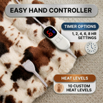 LED hand controller on the faux fur throw showing adjustable heat levels and 1-8 hour auto-off timer settings