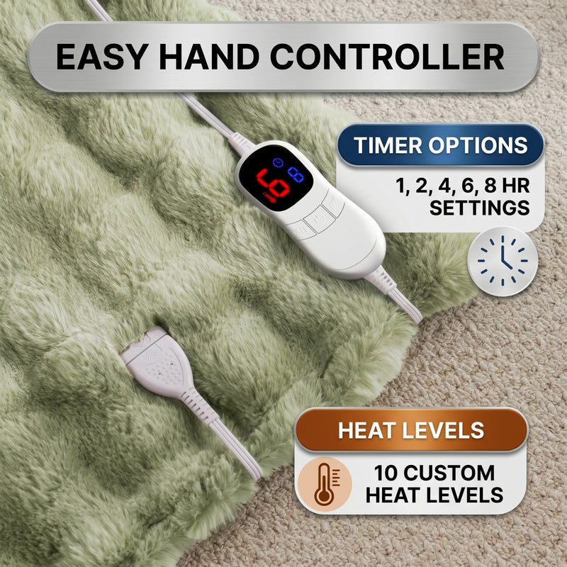 LED hand controller on the faux fur throw showing adjustable heat levels and 1-8 hour auto-off timer settings