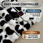 LED hand controller on the faux fur throw showing adjustable heat levels and 1-8 hour auto-off timer settings