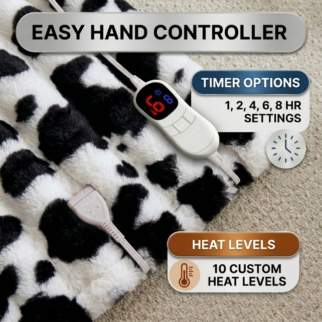 LED hand controller on the faux fur throw showing adjustable heat levels and 1-8 hour auto-off timer settings