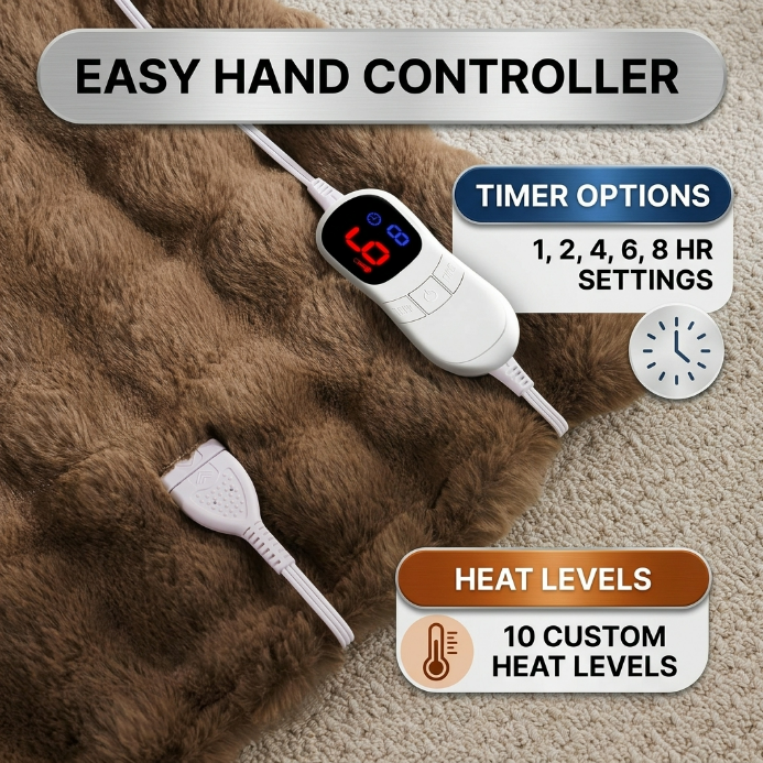 LED hand controller on the faux fur throw showing adjustable heat levels and 1-8 hour auto-off timer settings