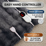LED hand controller on the faux fur throw showing adjustable heat levels and 1-8 hour auto-off timer settings