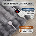 LED hand controller on the faux fur throw showing adjustable heat levels and 1-8 hour auto-off timer settings