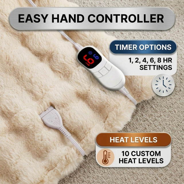 LED hand controller on the faux fur throw showing adjustable heat levels and 1-8 hour auto-off timer settings