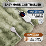 LED hand controller on the faux fur throw showing adjustable heat levels and 1-8 hour auto-off timer settings