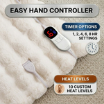 LED hand controller on the faux fur throw showing adjustable heat levels and 1-8 hour auto-off timer settings