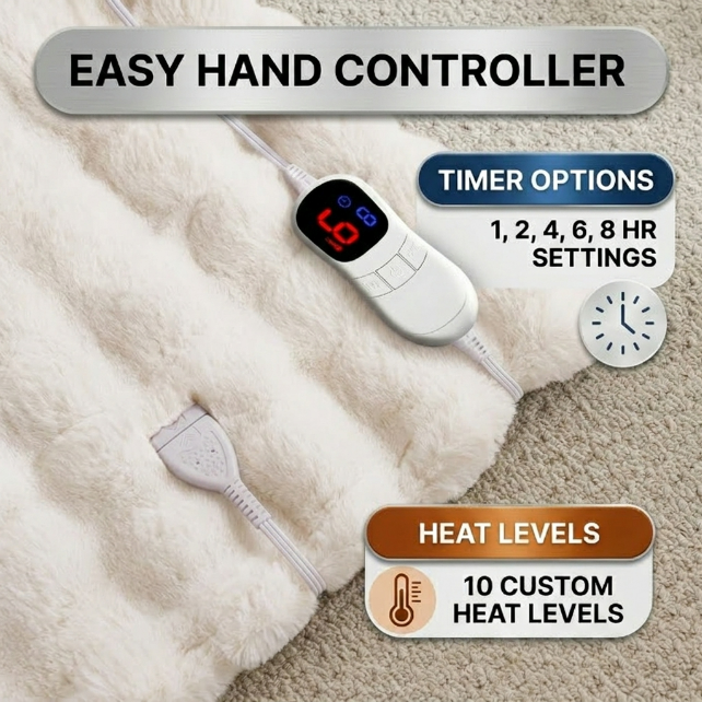 LED hand controller on the faux fur throw showing adjustable heat levels and 1-8 hour auto-off timer settings