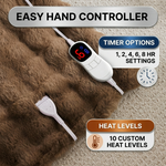 LED hand controller on the faux fur throw showing adjustable heat levels and 1-8 hour auto-off timer settings